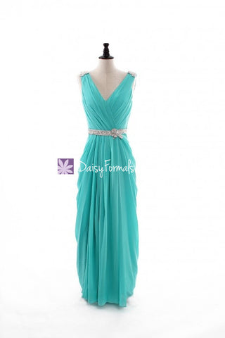 Aqua Chiffon Dress Tiffany Blue Long Porm Dress Long Tiffany Bridal Party Dress (BM876L)