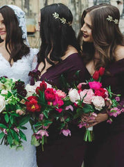 Sheath Off Shoulder Knee Length Burgundy Spandex Bridesmaid Dress (BMA2024)