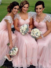 Stunning Scoop Cap Sleeves Floor Length Pink Chiffon Bridesmaid Dress with Beading (BMA2031)