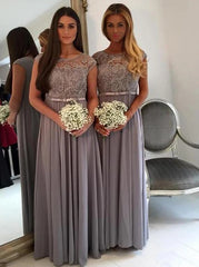 Stunning Bateau Cap Sleeves Floor Length Grey Bridesmaid Dress with Sash Lace Top (BMA2032)