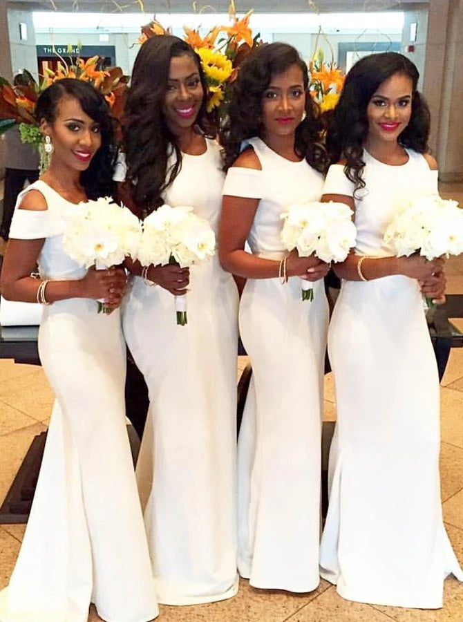 Simple Short Sleeves Sweep Train White Mermaid Bridesmaid Dress (BMA2033)