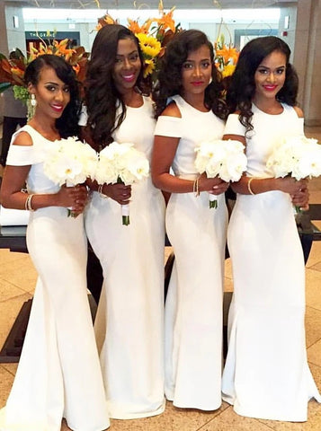 Simple Short Sleeves Sweep Train White Mermaid Bridesmaid Dress (BMA2033)