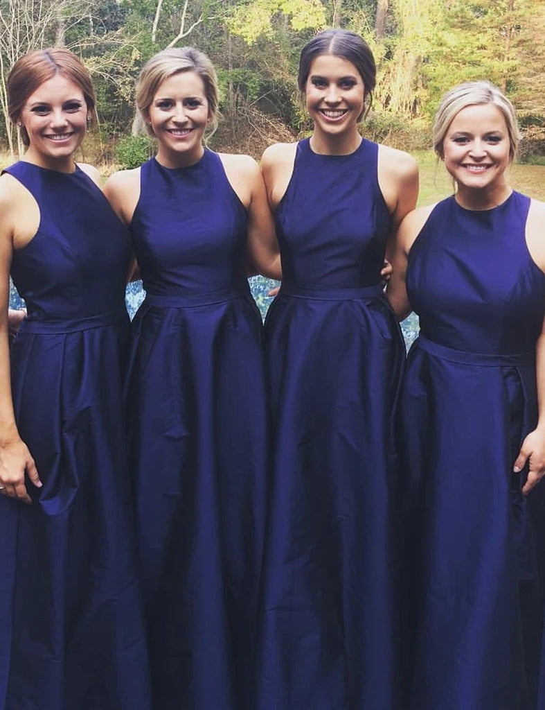 Jewel Sleeveless Long Dark Blue Bridesmaid Dress with Sash Pleated (BMA2036)