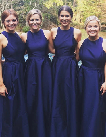 Jewel Sleeveless Long Dark Blue Bridesmaid Dress with Sash Pleated (BMA2036)