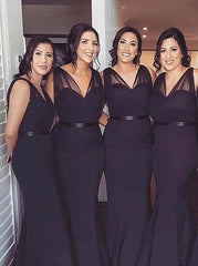 V-Neck Sweep Train Light Gray Satin Bridesmaid Dress with Sash (BMA2018)