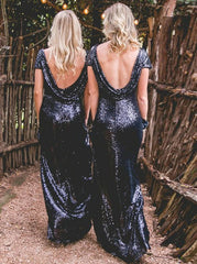 Cap Sleeves Backless Navy Blue Sequined Bridesmaid Dress (BMA20102)