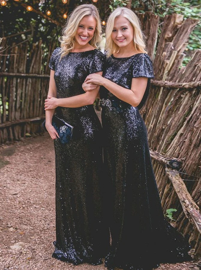 Cap Sleeves Backless Navy Blue Sequined Bridesmaid Dress (BMA20102)