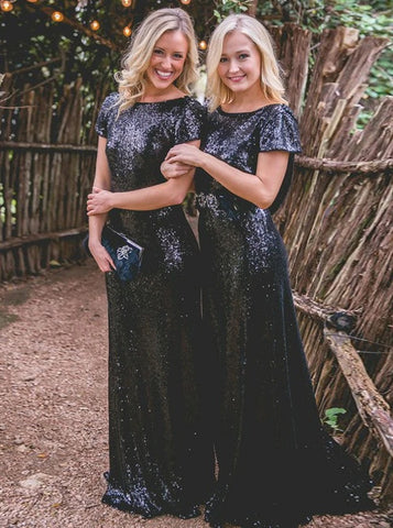 Cap Sleeves Backless Navy Blue Sequined Bridesmaid Dress (BMA20102)