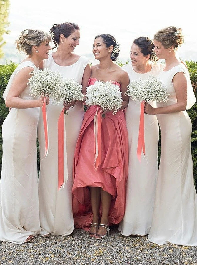 Round Neck Sleeveless Sweep Train White Chiffon Bridesmaid Dress (BMA20138)