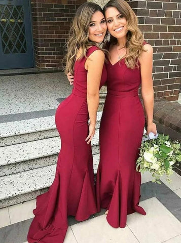 Mermaid V-Neck Sweep Train Red Satin Bridesmaid Dress (BMA2028)