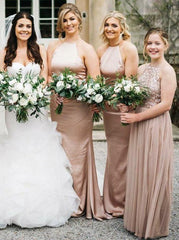 Round Neck Sweep Train Sleeveless Blush Satin Bridesmaid Dress (BMA20157)