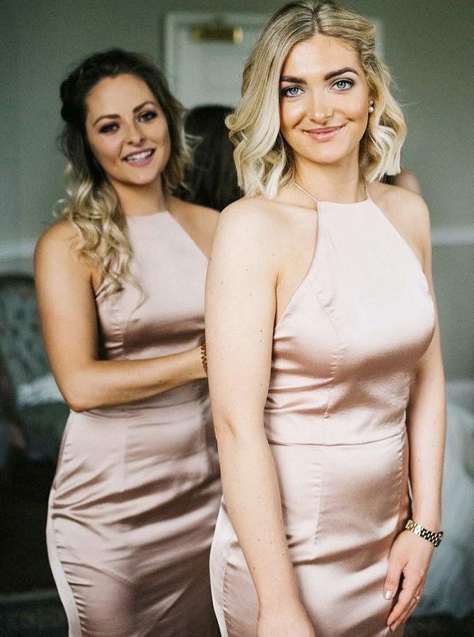 Round Neck Sweep Train Sleeveless Blush Satin Bridesmaid Dress (BMA20157)