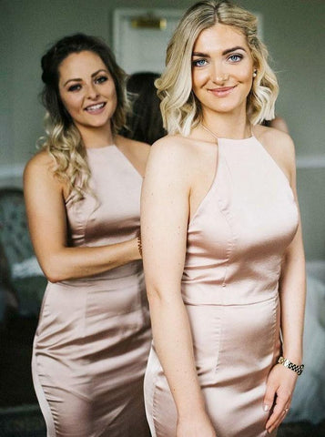 Round Neck Sweep Train Sleeveless Blush Satin Bridesmaid Dress (BMA20157)