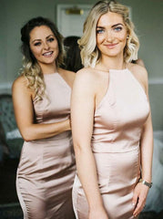 Round Neck Sweep Train Sleeveless Blush Satin Bridesmaid Dress (BMA20157)