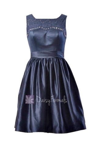 In stock,Ready to Ship -Short Beaded Navy Satin Bridesmaid Dress W/Illusion Neckline(BM2422A) - (#35 Navy)