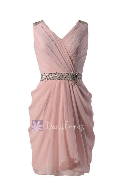 Blush pink party dress beaded v-neck pink chiffon bridesmaid dress short pink formal prom dress (bm875)