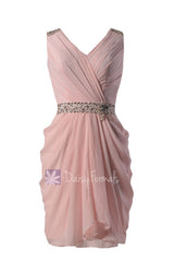 Blush pink party dress beaded v-neck pink chiffon bridesmaid dress short pink formal prom dress (bm875)