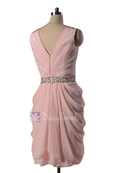 Blush Pink Party Dress Beaded V-Neck Pink Chiffon Bridesmaid Dress Short  Pink Formal Prom Dress (BM875) – DaisyFormals-Bridesmaid and Formal Dresses  in 59+ Colors
