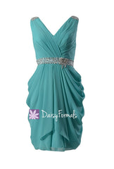 Beading chiffon bridal party dress tiffany blue prom dress bridesmaid dresses (bm875)