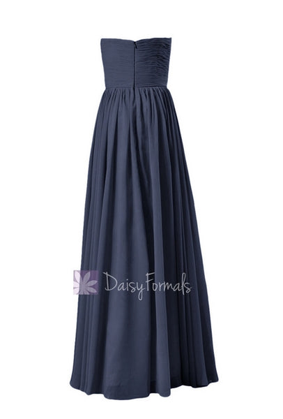 In stock,Ready to Ship - Long Navy Blue Chiffon Bridesmaid Dress W/Inserted V-Neckline(BM10823L)