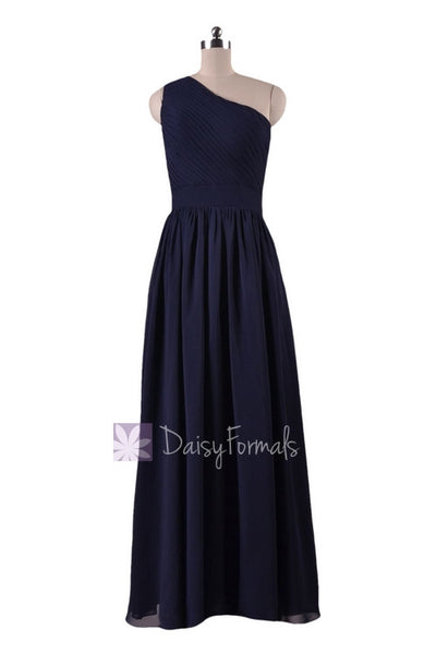 In Stock,Ready To Ship -Navy Blue One-Shoulder Long Party Dress Chiffon Bridesmaid Dress(BM122)