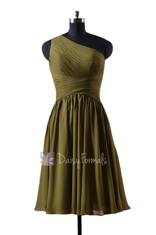 In stock,Ready to Ship - Short One Shoulder Olive Green Chiffon Bridesmaid Dress(BM351) - (#28 Dark Olive)