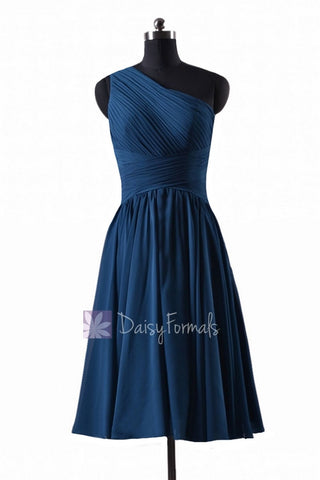In stock,Ready to Ship - Short One Shoulder Peacock Blue Chiffon Bridesmaid Dress(BM351) - (#41 Peacock Blue, Sz2)