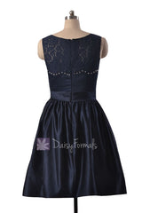 In stock,ready to ship -short beaded navy satin latest bridesmaid dresses online w/illusion neckline(bm2422a) - (#35 navy)