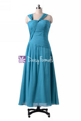 Green-blue chiffon bridesmaid dress long turquoise one shoulder strap evening party dresses(bm124)