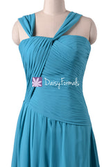 Green-Blue Chiffon Bridesmaid Dress Long Turquoise One Shoulder Strap Evening Dress(BM124)
