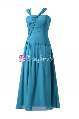Green-Blue Chiffon Bridesmaid Dress Long Turquoise One Shoulder Strap Evening Dress(BM124)