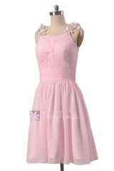 Adorable pink chiffon junior bridesmaid dress knee length junior dresses w/floral straps(bm1437)