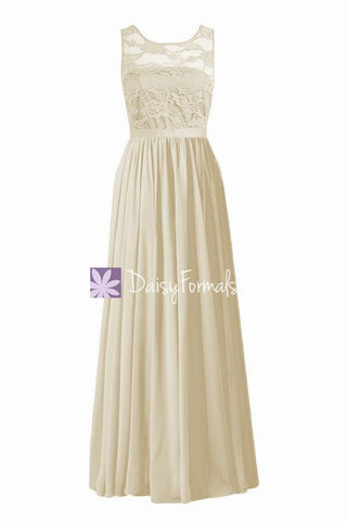 Champagne Long Scoop Neckline Bridesmaids Dress Long Nude Lace Party Dress (BM2347L)