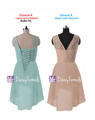 Chic lace party dress tiffany blue lace bridesmaids dress high low chiffon dresses (bm2437)