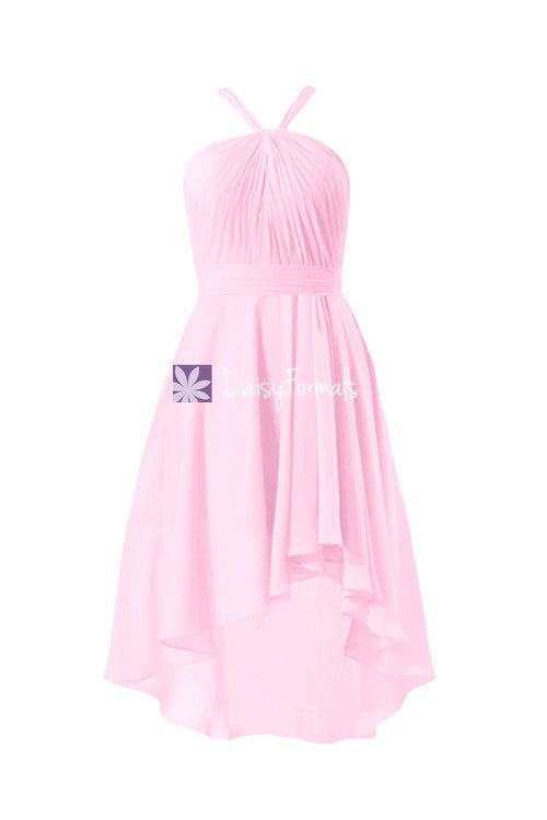 Dramatic ice pink high low bridesmaids dress online light pink chiffon dress (bm2438)