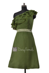 Appealing hunter green one shoulder chiffon bridesmaid dress cocktail dresses w/ ruffles(bm244)