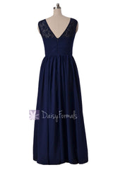 Gracious Long Chiffon Evening Dress Navy Formal Dress W/Lace Illusion Neckline(BM2529L)