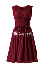 Dark scarlet lace dress vintage bridesmaid dress short lace & mesh wedding party dress (bm2529)
