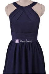 Classic navy chiffon bridesmaids dress halter party dress knee length formal dresses (bm253451 )