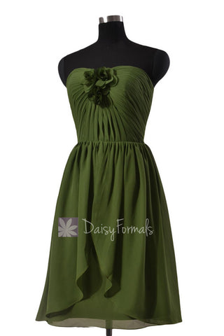 Unique Short Hunter Green Chiffon Bridesmaid Dress W/Handmade Flowers(BM2811)