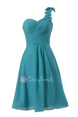 Short Cyan One-Shoulder Chiffon Bridesmaid Dress Turquoise Chiffon Bridal Party Dress(BM300)