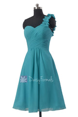 Short cyan one-shoulder chiffon bridesmaid dress turquoise chiffon bridal party dresses(bm300)