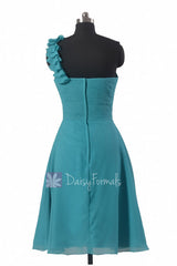 Short Cyan One-Shoulder Chiffon Bridesmaid Dress Turquoise Chiffon Bridal Party Dress(BM300)