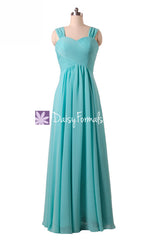 Aqua blue bridesmaid dresses long chiffon wedding party dresses w/straps (bm313)