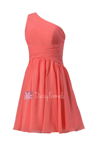 Pretty Light Coral One-Shoulder Short Prom Dress Affordable Bridesmaid Dress(BM351)   DaisyFormals-Bridesmaid and Formal Dresses in 59+ Colors