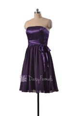 Attractive knee length purple party dress strapless prom dresses w/satin sash(bm3727)