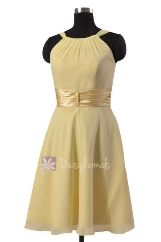 Chic Short Chiffon Wedding Dress Light Yellow Bridesmaid Dress W/Wide Sash(BM3728)