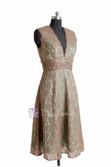 Tea length pale brown bridesmaid dress vintage lace formal dresses w/v-neck(bm3730t)