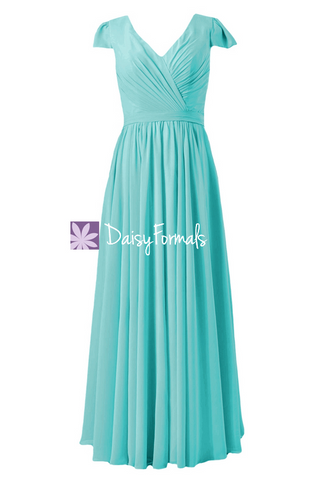Long Modest Bridesmaid Dress V neckline Tiffany Blue Dress W/Cap Sleeves (BM5192L)
