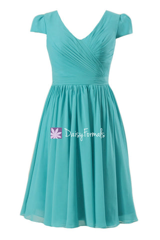 Turquoise Bridesmaids Dress Modest Bridesmaid Dress Party Dress w/cap sleeves (BM5192S)